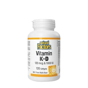 Natural Factors K- ja D-vitamiin 120 mcg ja 1000 IU (120 pehmet kapslit) – Viking Supplements